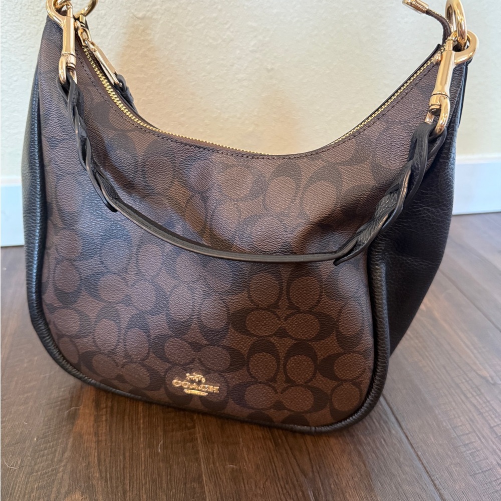 Coach Brown and Black Hobo Bag with Signature Design